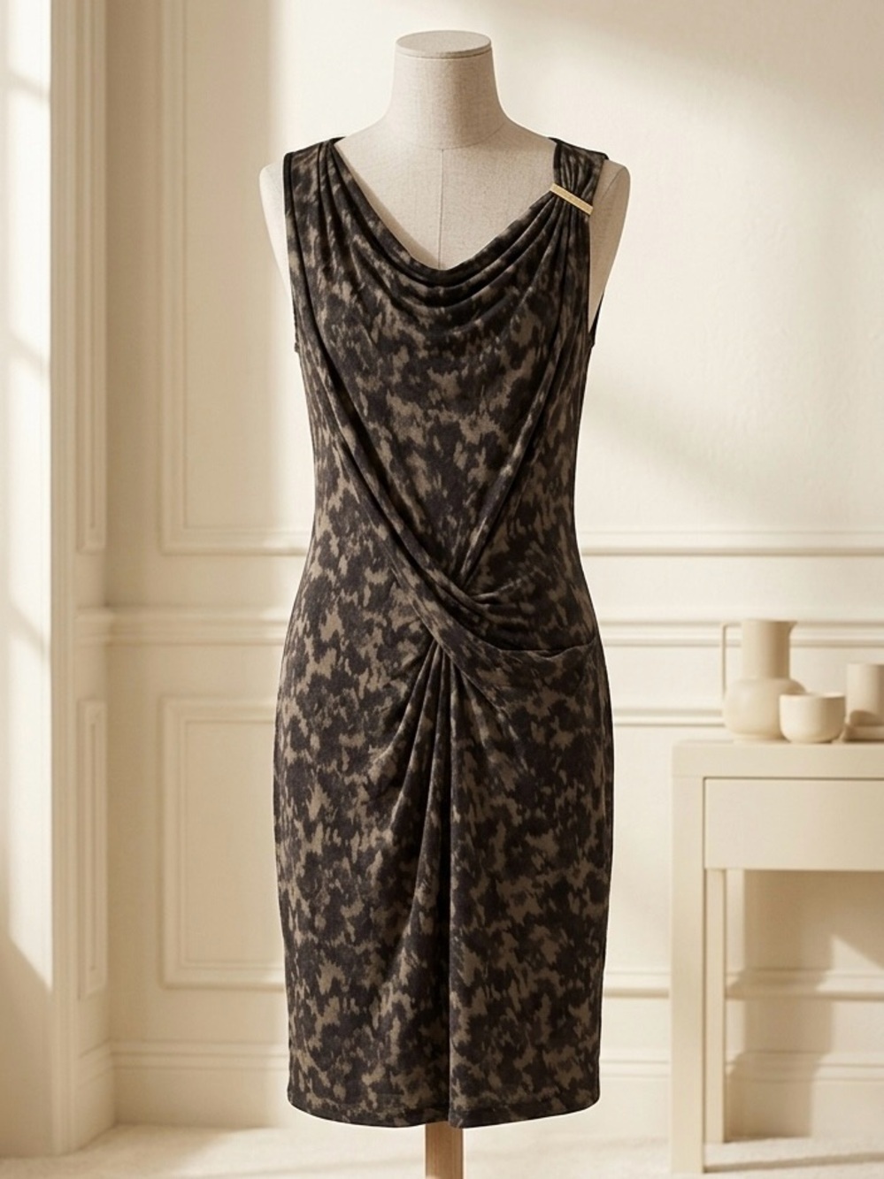 Michael Kors| Black & Tan Camo Draped Twist-Front Midi Sheath Dress Sz XS